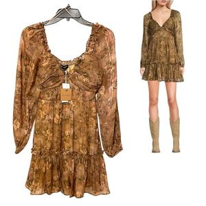 NEW Blu Pepper Sweetheart Neck Brown Watercolor Floral Ruffle Hem Dress Size S